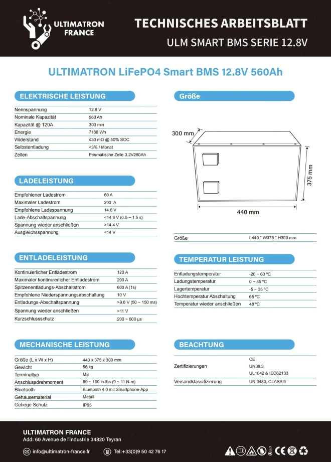 Datenblatt Übersicht Ultimatron ULM-12-560 Ah LiFePo4 Batterie
